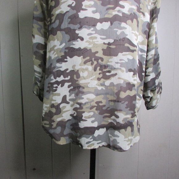 Living Doll Sheer Blouse Shirt M Button Up Camo Green Brown - Picture 10 of 12